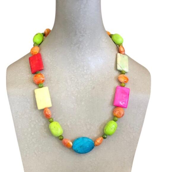 Bright Beaded Multi Shaped Pink, Blue, Orange Beads Lightweight Summer Necklace - Picture 2 of 8